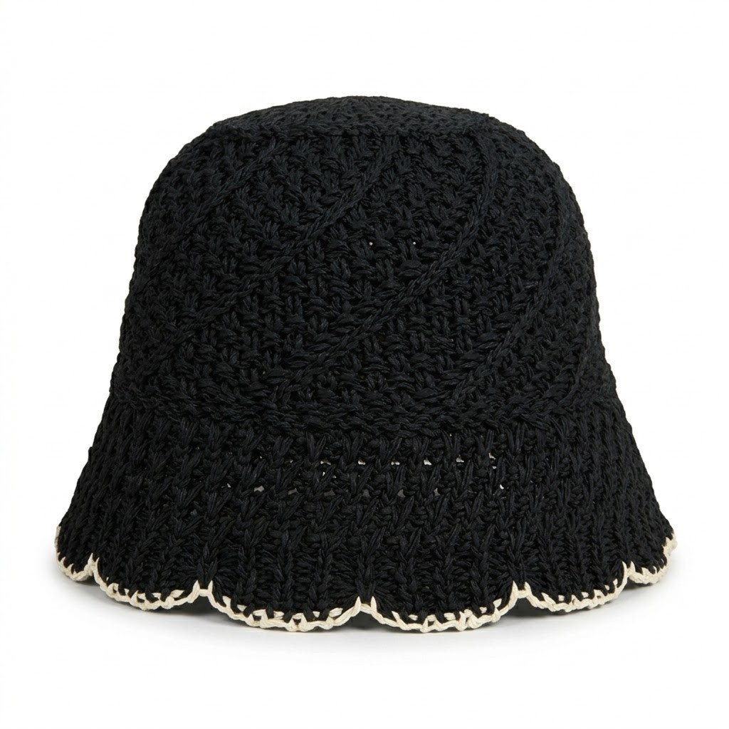 Anna-Kaci Women Crochet Straw Bucket Hat Scalloped Edge Wide Brim Summer Sun Hat