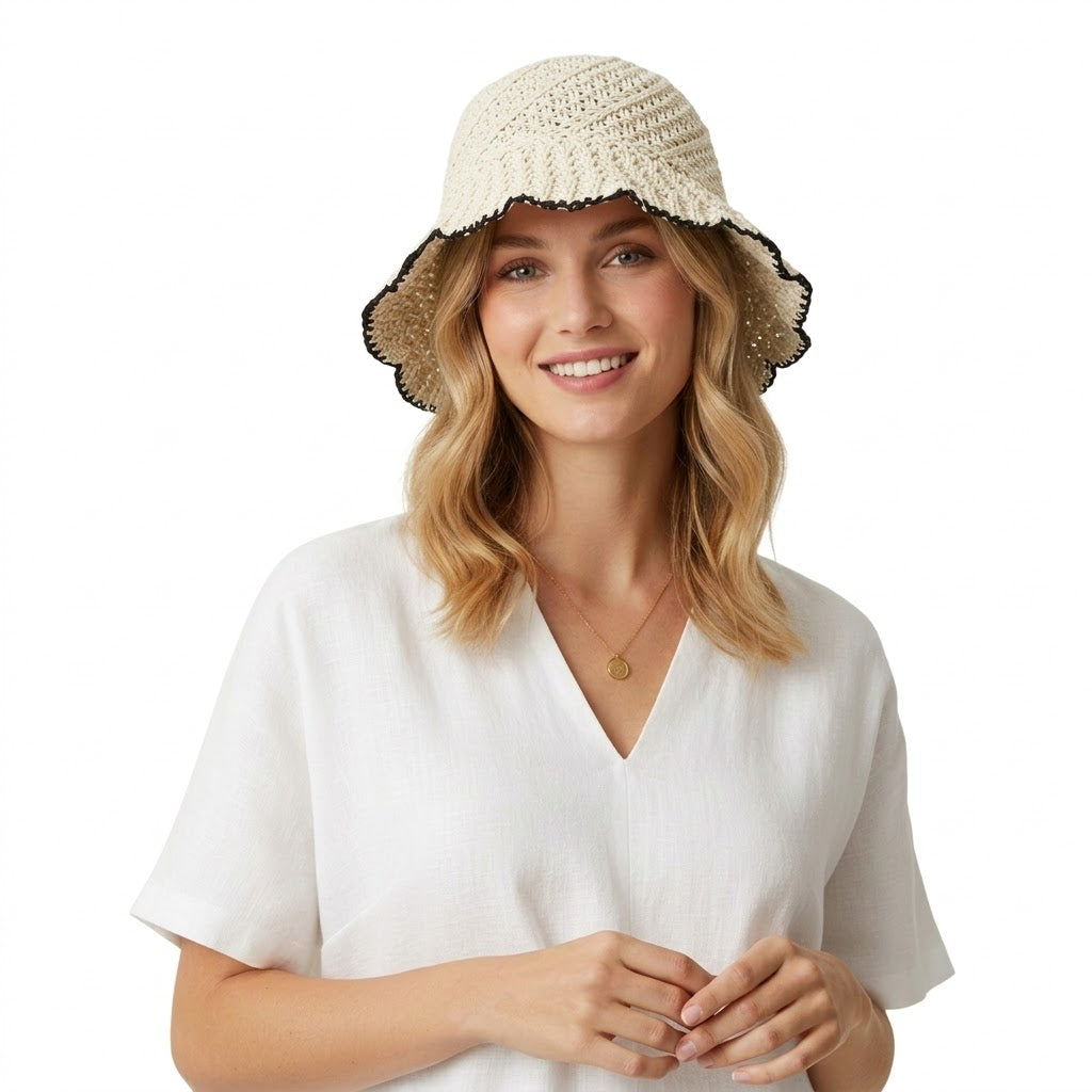 Anna-Kaci Women Crochet Straw Bucket Hat Scalloped Edge Wide Brim Summer Sun Hat