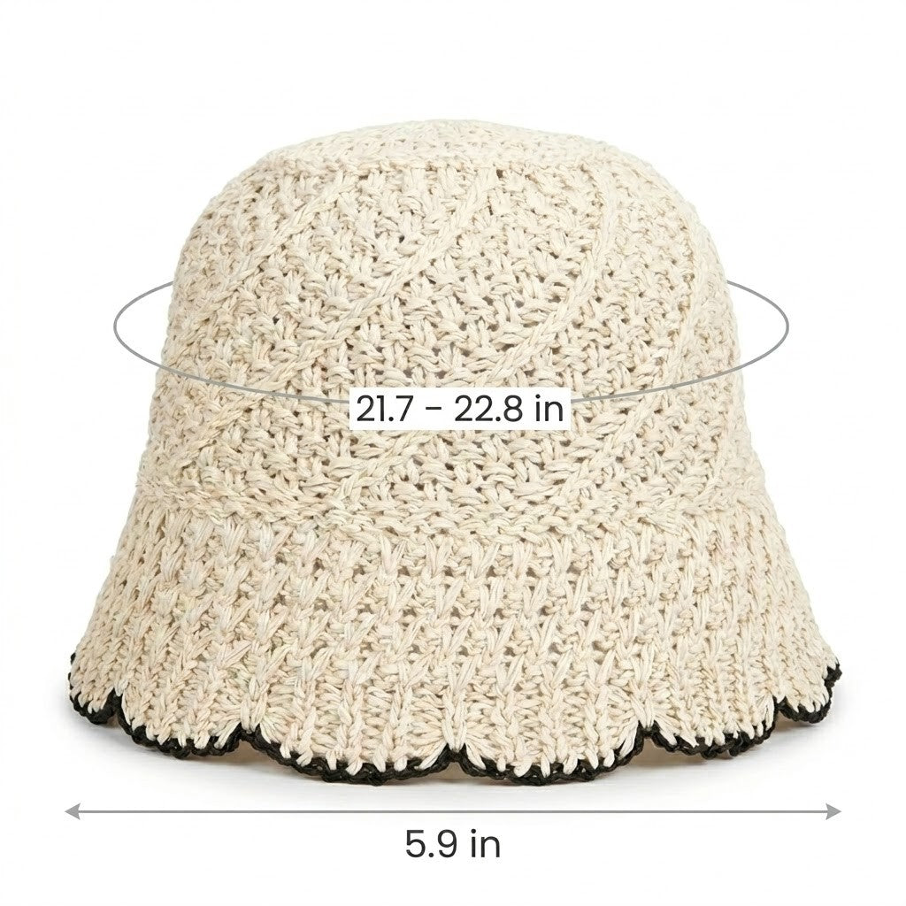 Anna-Kaci Women Crochet Straw Bucket Hat Scalloped Edge Wide Brim Summer Sun Hat