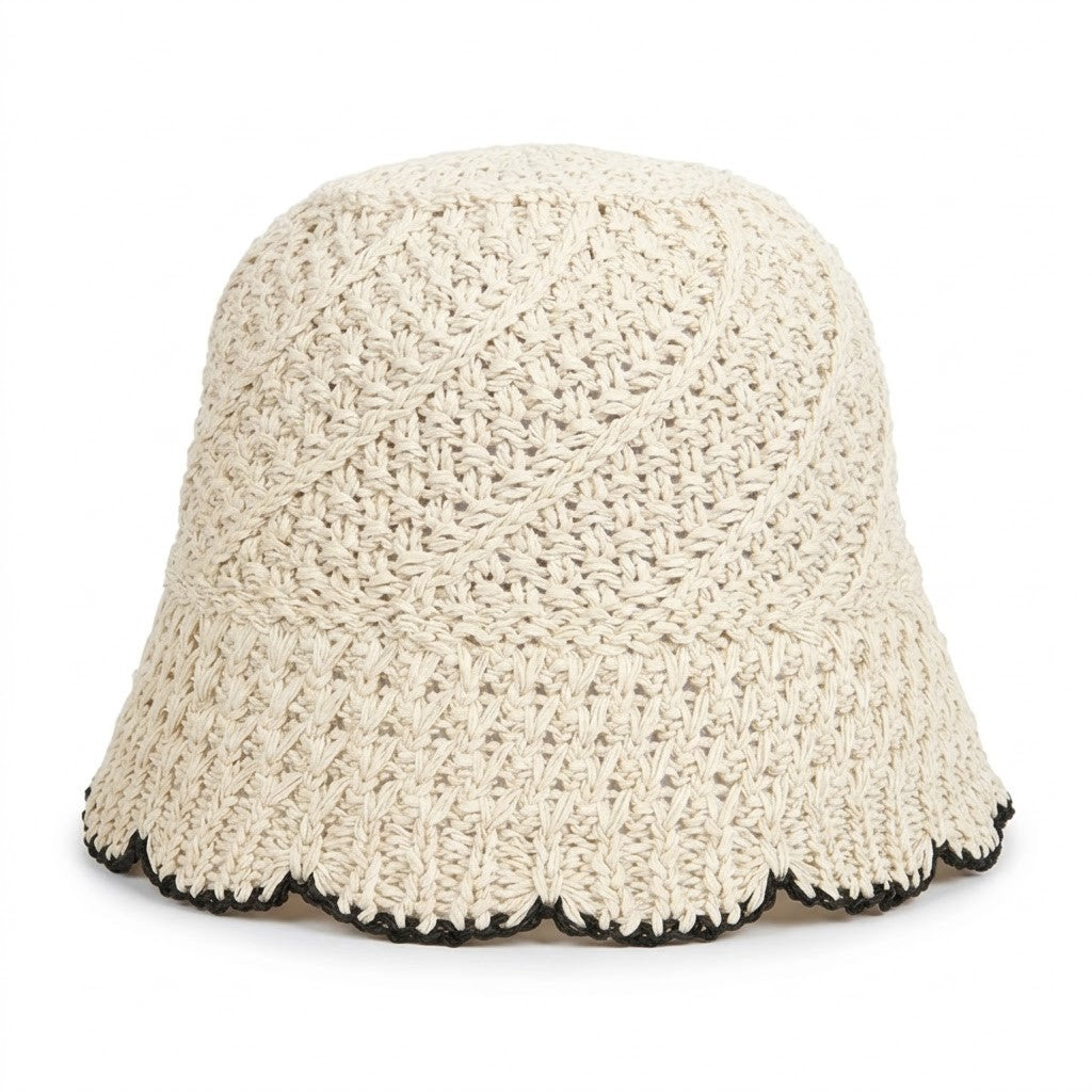 Anna-Kaci Women Crochet Straw Bucket Hat Scalloped Edge Wide Brim Summer Sun Hat