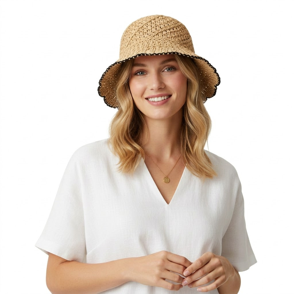 Anna-Kaci Women Crochet Straw Bucket Hat Scalloped Edge Wide Brim Summer Sun Hat