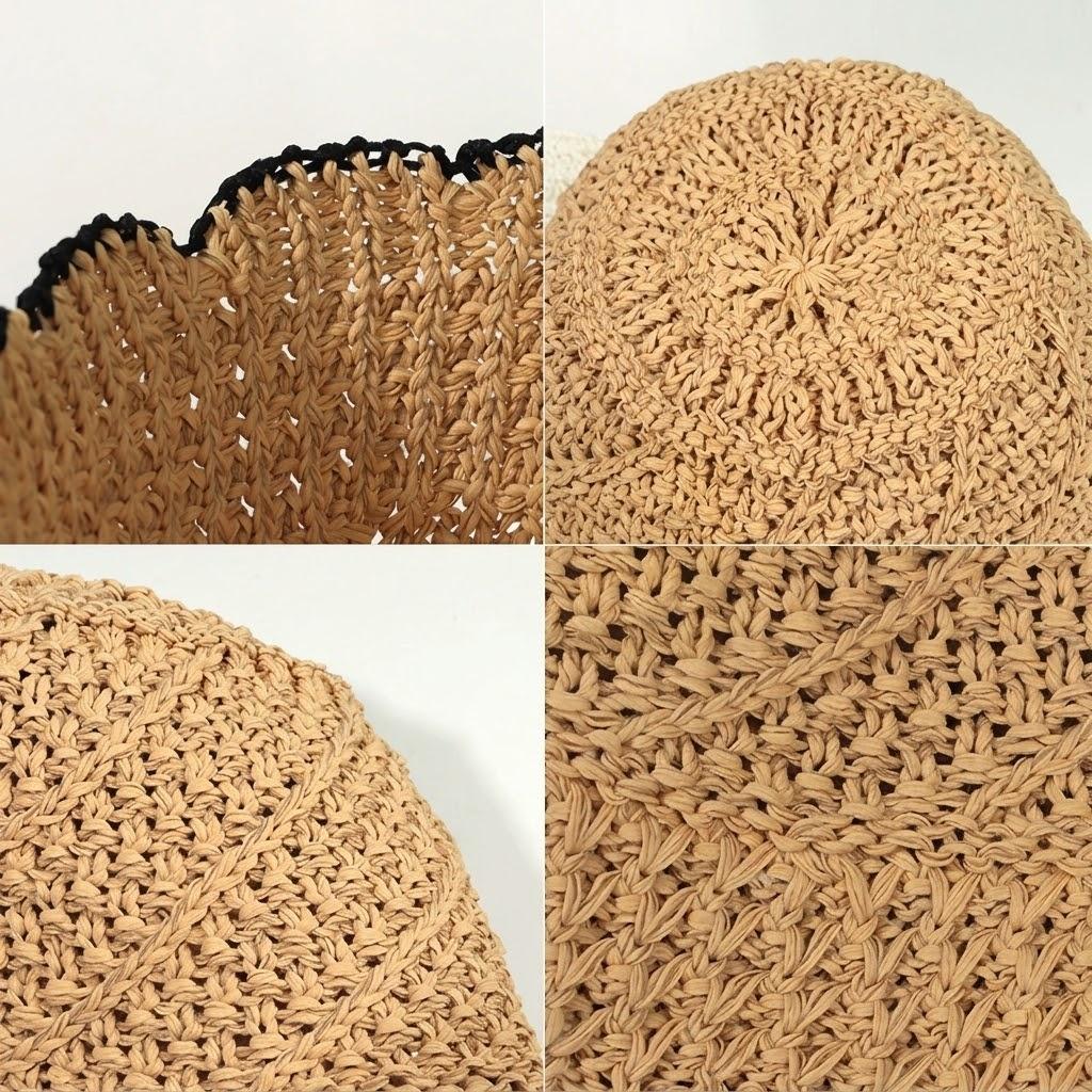 Anna-Kaci Women Crochet Straw Bucket Hat Scalloped Edge Wide Brim Summer Sun Hat