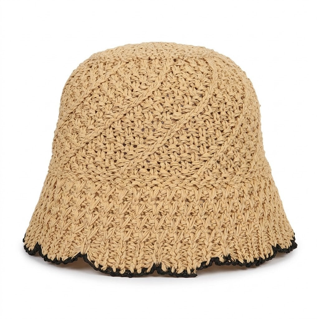 Anna-Kaci Women Crochet Straw Bucket Hat Scalloped Edge Wide Brim Summer Sun Hat