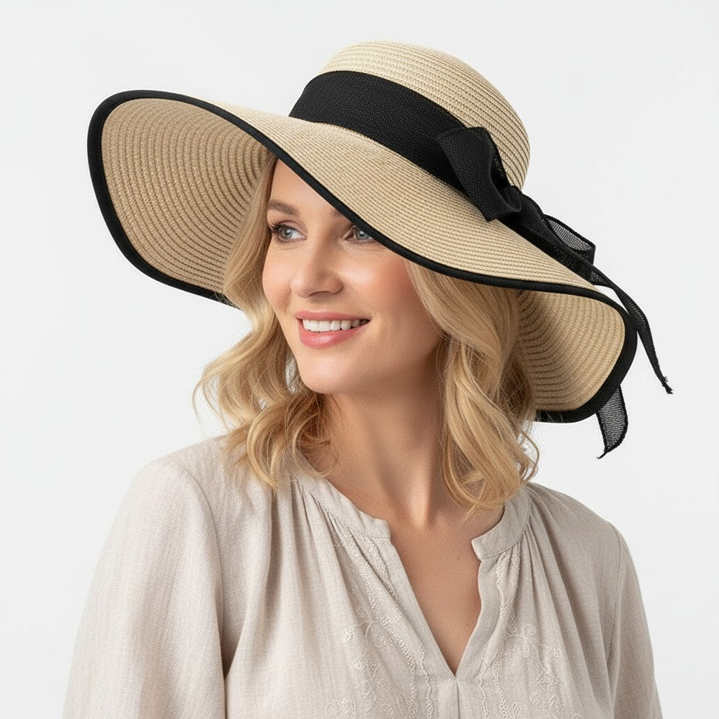 Anna-Kaci Women Wide Brim Straw Sun Hat with Bow Tie Summer Beach Floppy Hat UV Protection