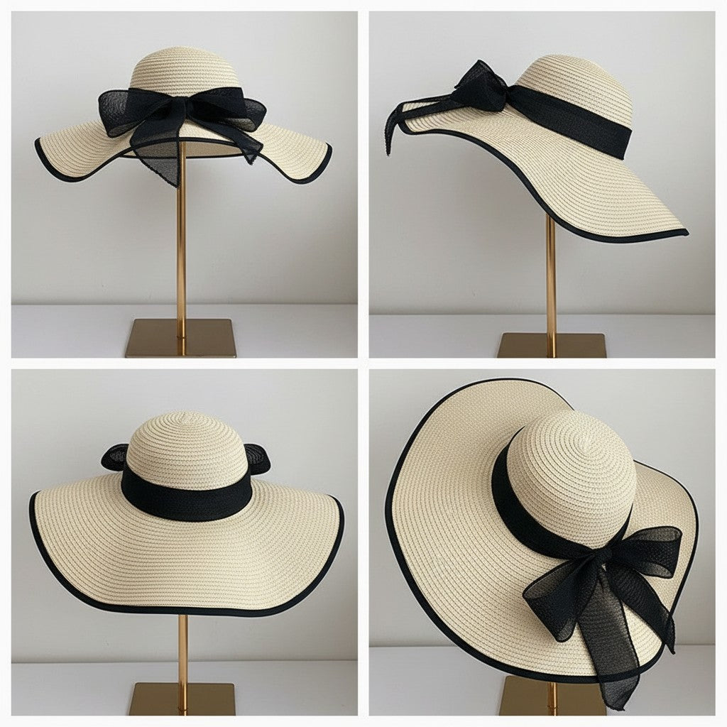 Anna-Kaci Women Wide Brim Straw Sun Hat with Bow Tie Summer Beach Floppy Hat UV Protection