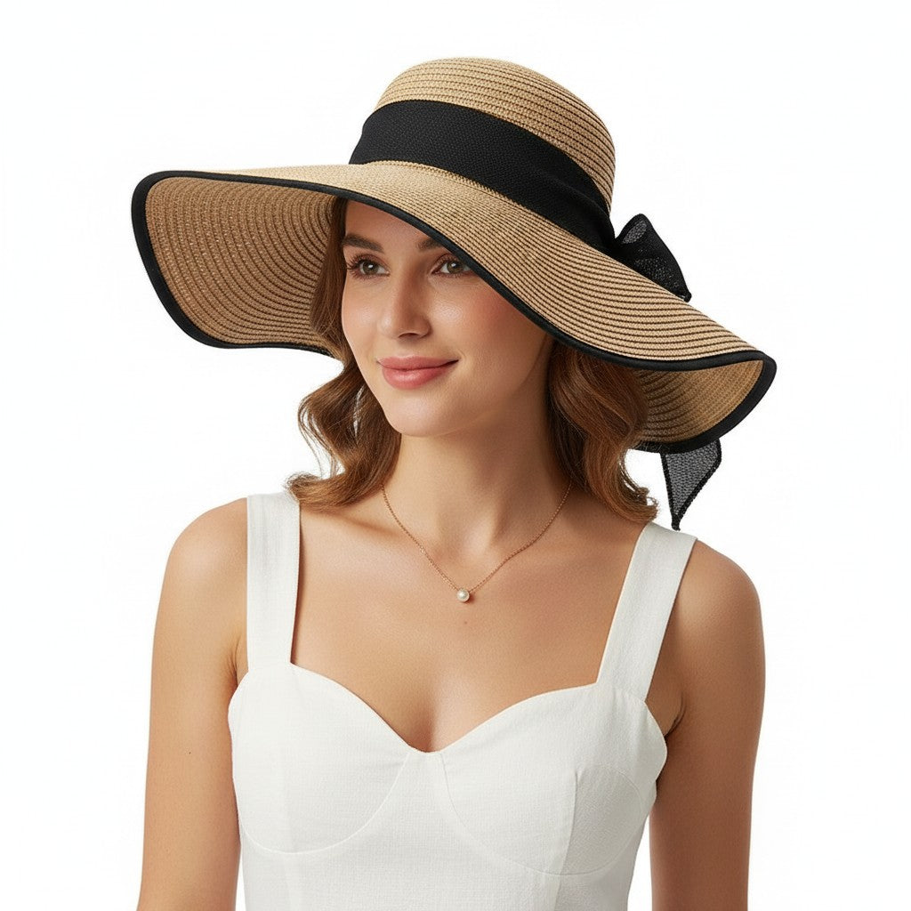 Anna-Kaci Women Wide Brim Straw Sun Hat with Bow Tie Summer Beach Floppy Hat UV Protection