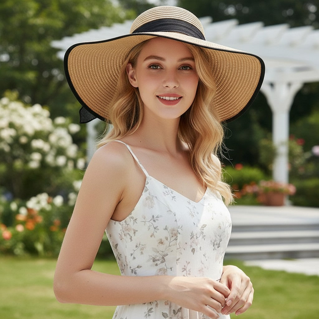 Anna-Kaci Women Wide Brim Straw Sun Hat with Bow Tie Summer Beach Floppy Hat UV Protection