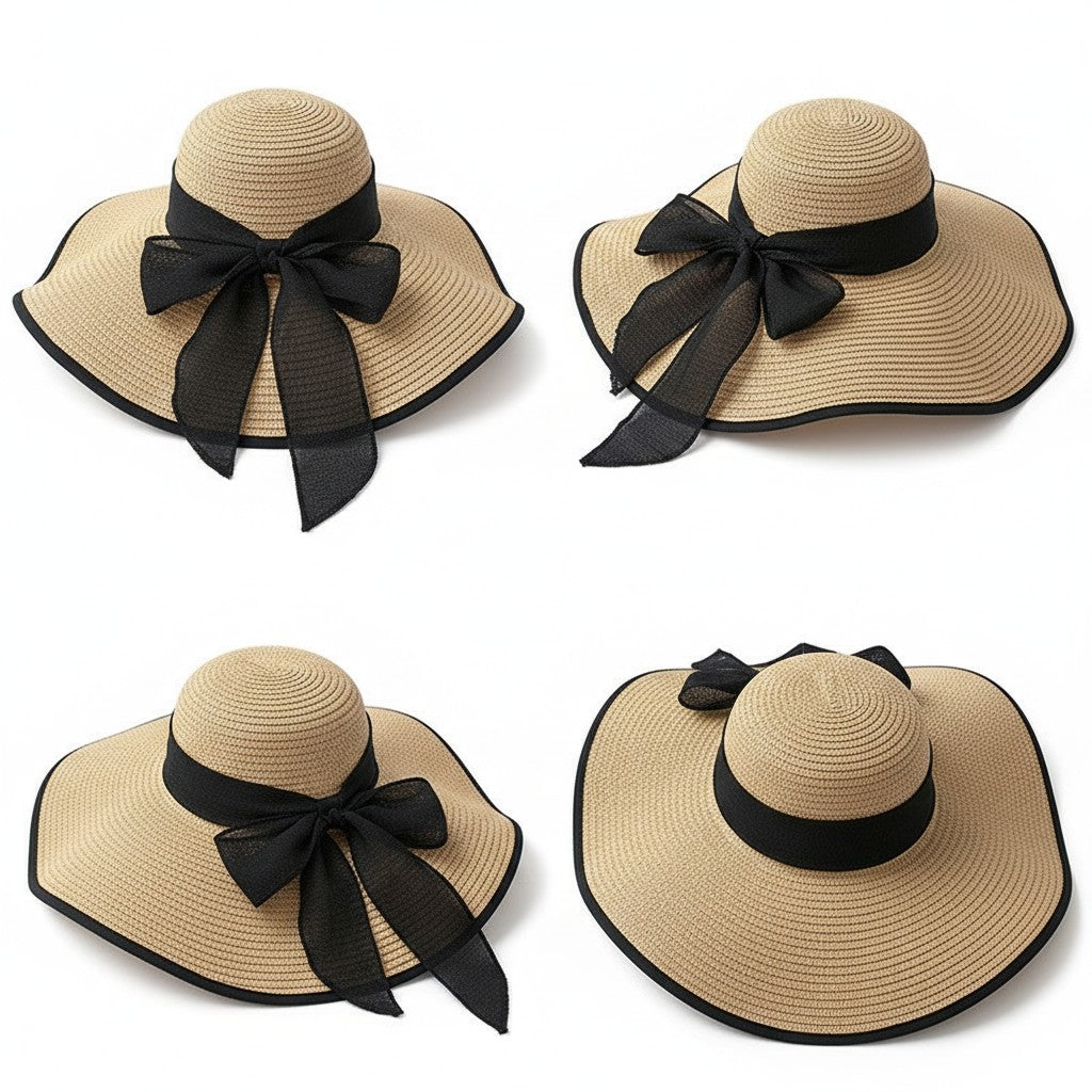 Anna-Kaci Women Wide Brim Straw Sun Hat with Bow Tie Summer Beach Floppy Hat UV Protection