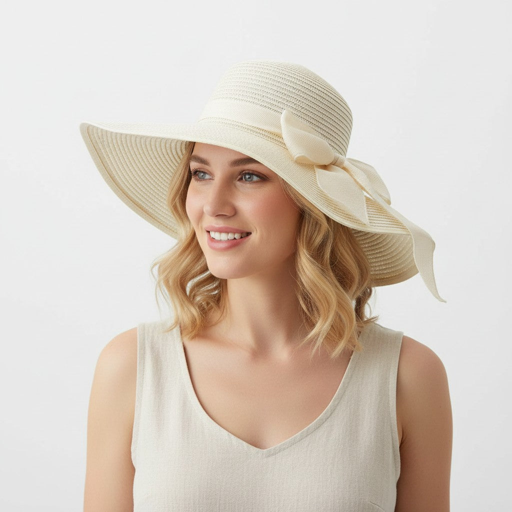 Anna-Kaci Women Wide Brim Straw Sun Hat with Bow Tie Summer Beach Floppy Hat UV Protection