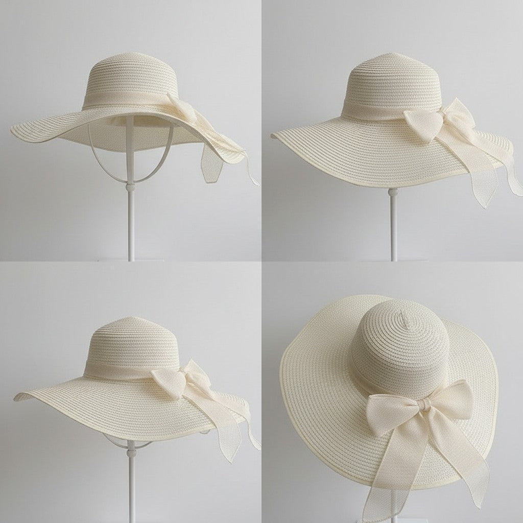 Anna-Kaci Women Wide Brim Straw Sun Hat with Bow Tie Summer Beach Floppy Hat UV Protection