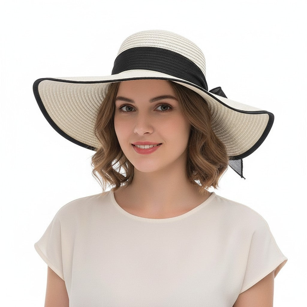 Anna-Kaci Women Wide Brim Straw Sun Hat with Bow Tie Summer Beach Floppy Hat UV Protection