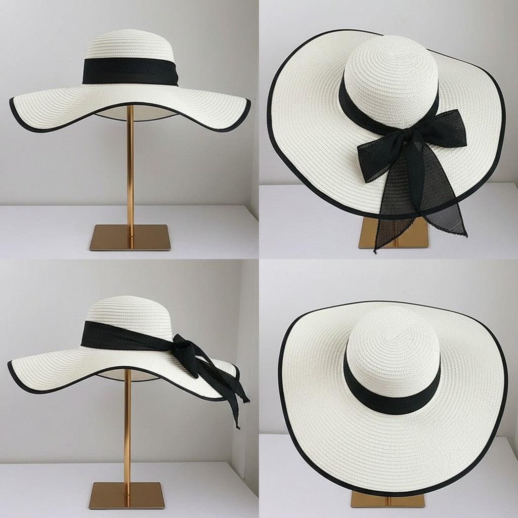 Anna-Kaci Women Wide Brim Straw Sun Hat with Bow Tie Summer Beach Floppy Hat UV Protection