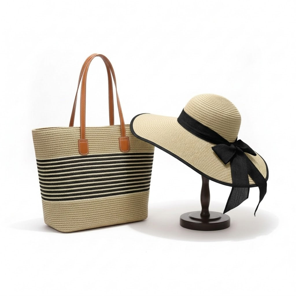 Anna-Kaci Women Wide Brim Straw Hat with Matching Tote Bag Bow Detail Summer Beach Set