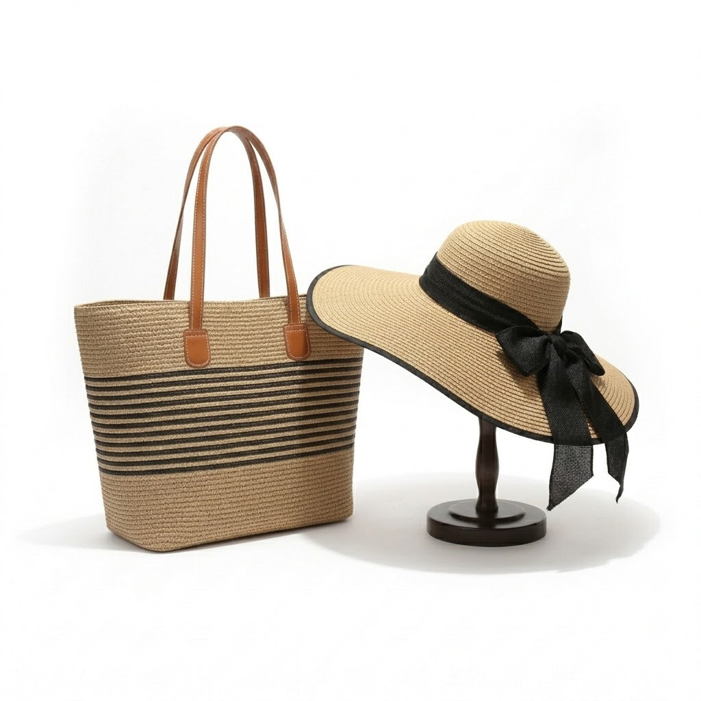 Anna-Kaci Women Wide Brim Straw Hat with Matching Tote Bag Bow Detail Summer Beach Set