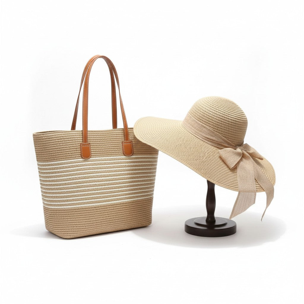 Anna-Kaci Women Wide Brim Straw Hat with Matching Tote Bag Bow Detail Summer Beach Set