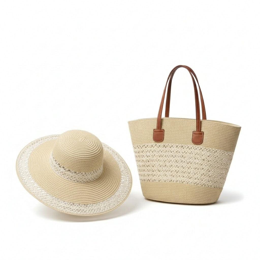 Anna-Kaci Women's Straw Sun Hat & Tote Bag Set, Wide Brim Beach Hat with Woven Summer Handbag