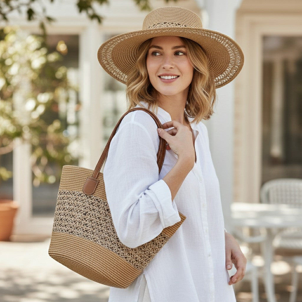 Anna-Kaci Women's Straw Sun Hat & Tote Bag Set, Wide Brim Beach Hat with Woven Summer Handbag