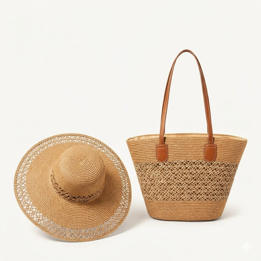 Anna-Kaci Women's Straw Sun Hat & Tote Bag Set, Wide Brim Beach Hat with Woven Summer Handbag