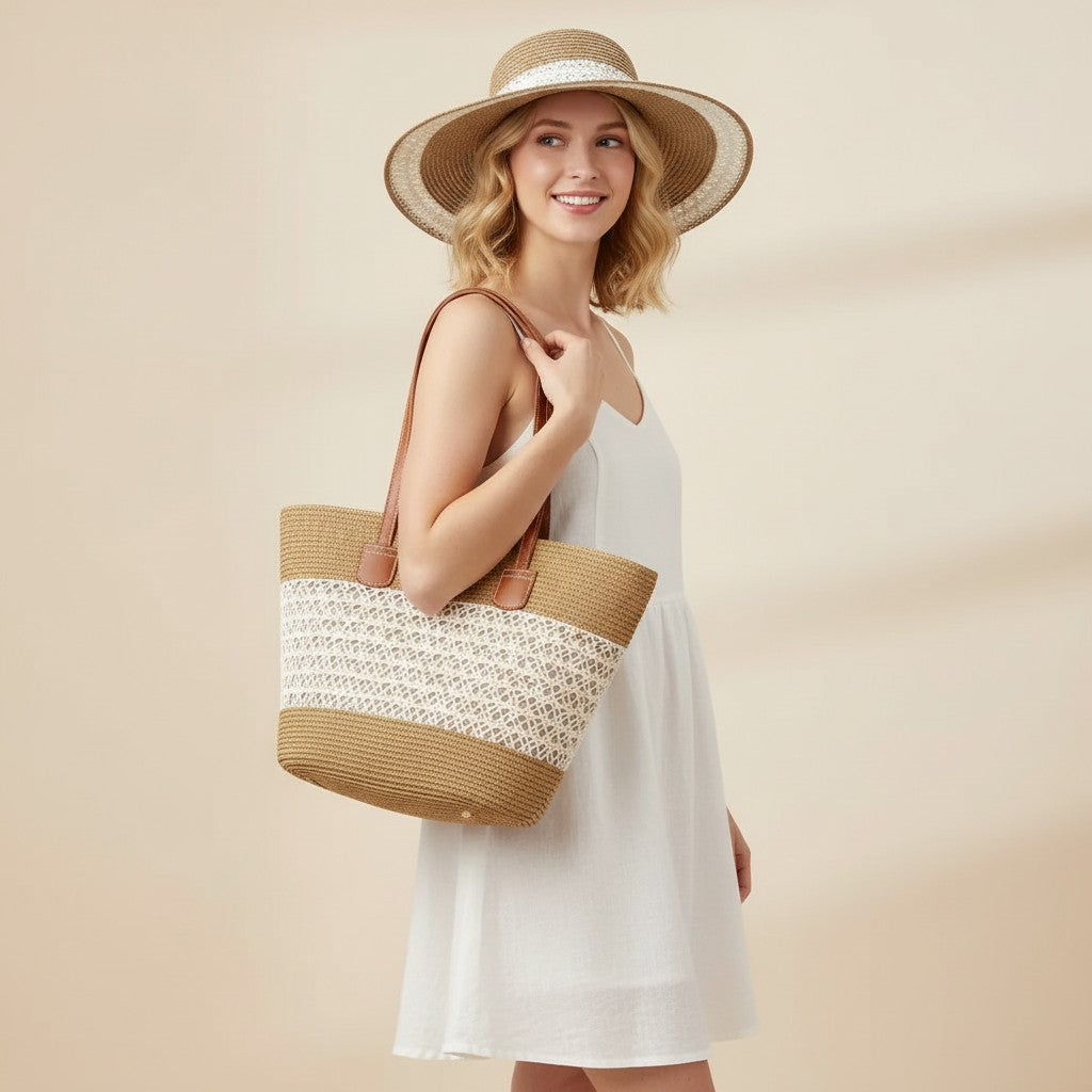 Anna-Kaci Women's Straw Sun Hat & Tote Bag Set, Wide Brim Beach Hat with Woven Summer Handbag
