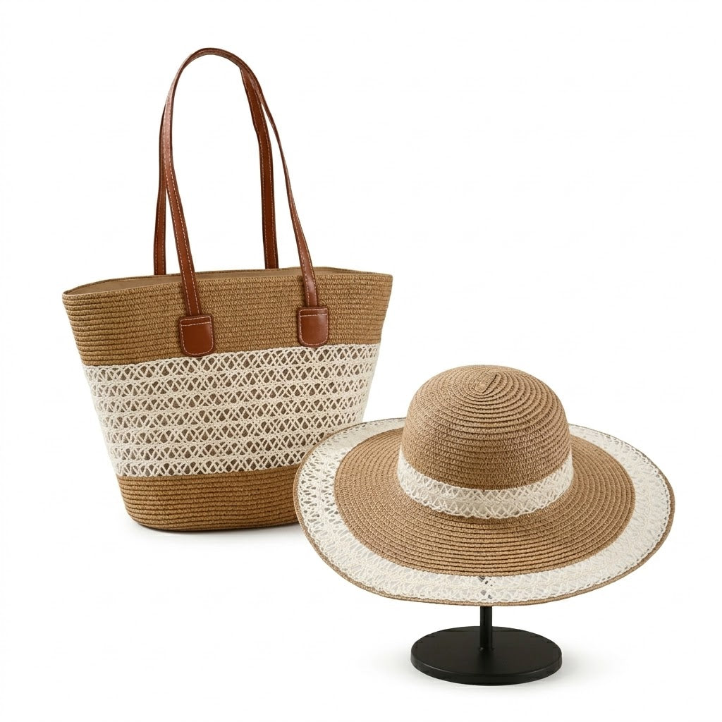 Anna-Kaci Women's Straw Sun Hat & Tote Bag Set, Wide Brim Beach Hat with Woven Summer Handbag