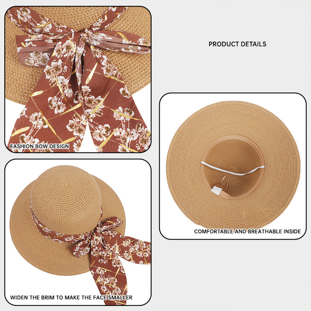 Anna-Kaci Women's Wide Brim Straw Sun Hat Floral Bow Ribbon Summer Beach Hat Adjustable Fit Lightweight