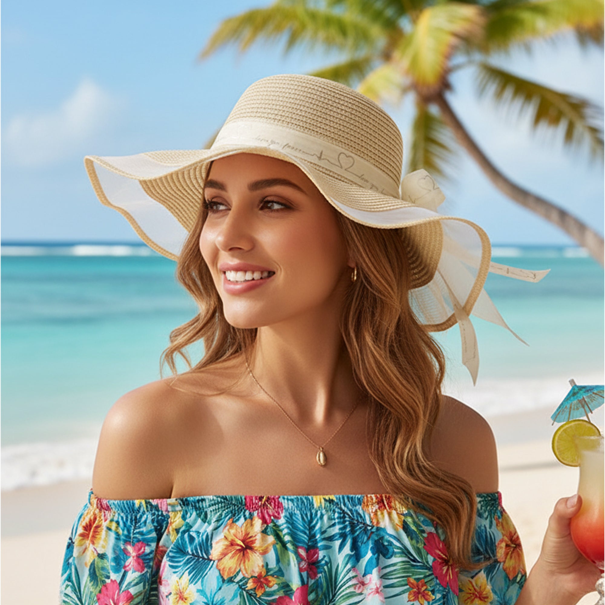 Anna-Kaci Women's Wide Brim Straw Sun Hat Sheer Mesh Trim Bow Ribbon Summer Beach Hat Elegant Style