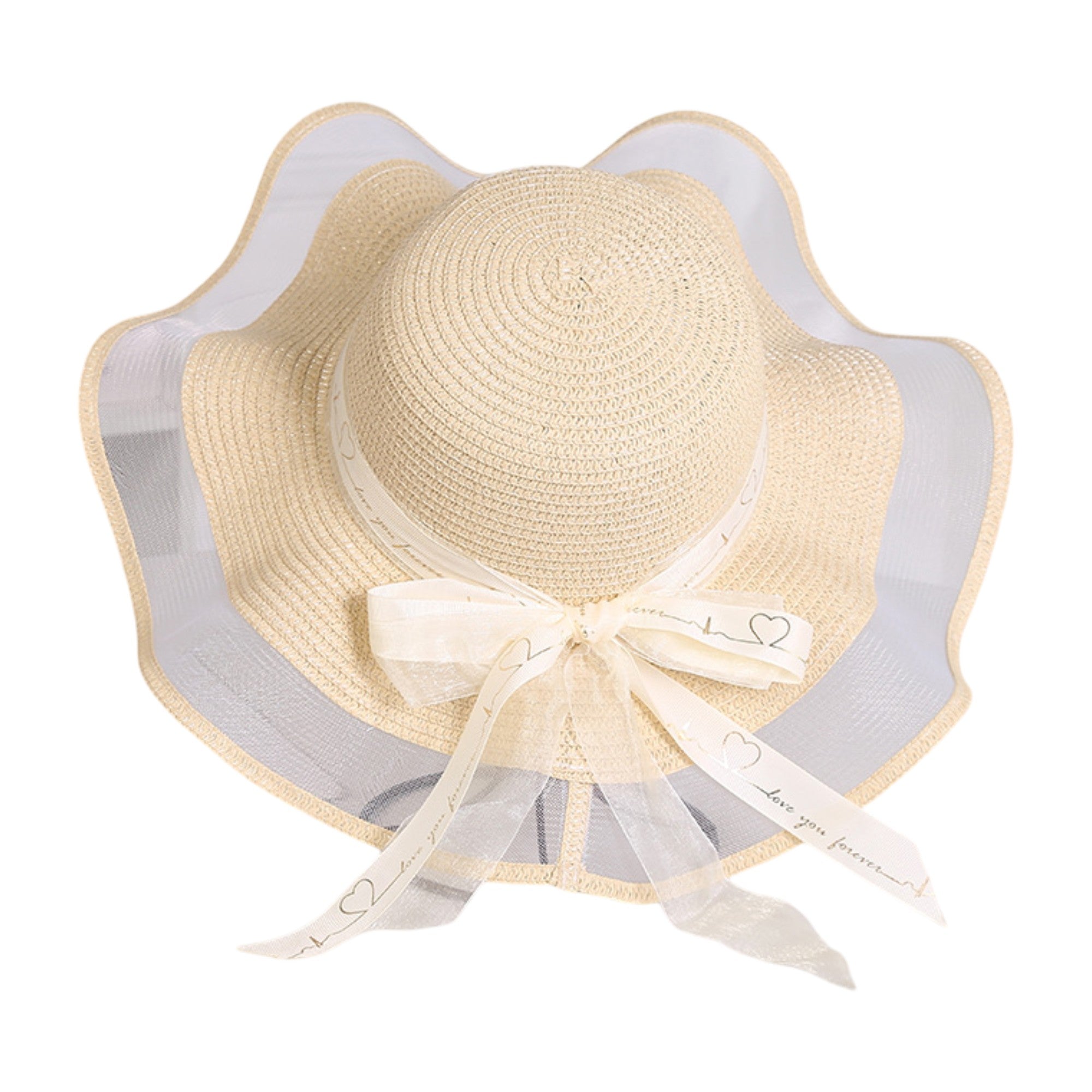 Anna-Kaci Women's Wide Brim Straw Sun Hat Sheer Mesh Trim Bow Ribbon Summer Beach Hat Elegant Style