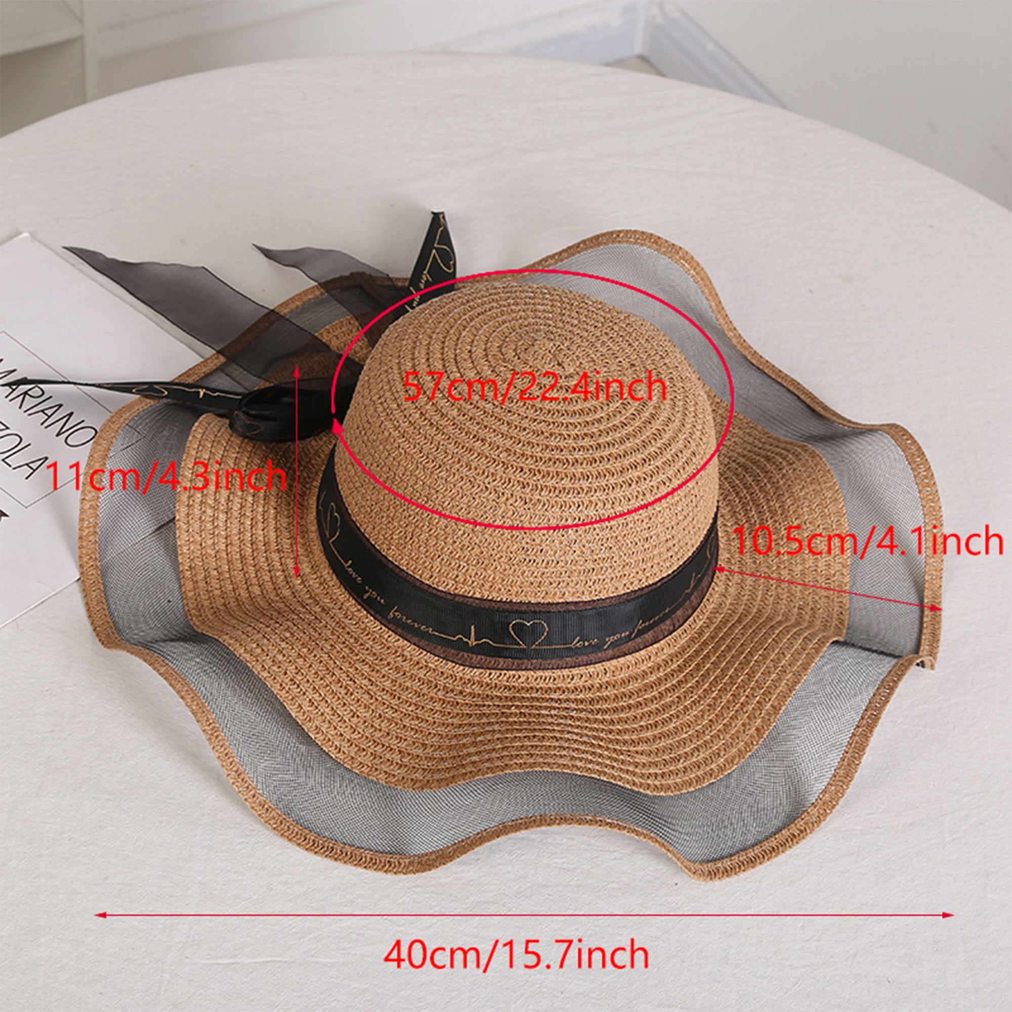 Anna-Kaci Women's Wide Brim Straw Sun Hat Sheer Mesh Trim Bow Ribbon Summer Beach Hat Elegant Style