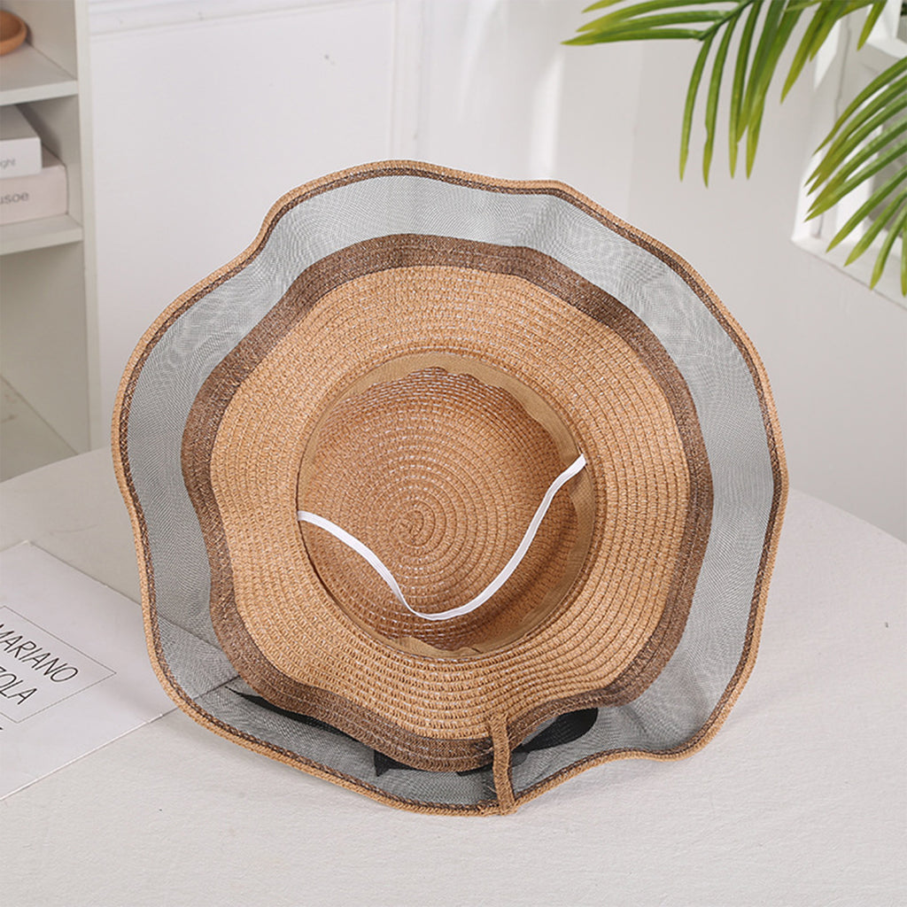 Anna-Kaci Women's Wide Brim Straw Sun Hat Sheer Mesh Trim Bow Ribbon Summer Beach Hat Elegant Style