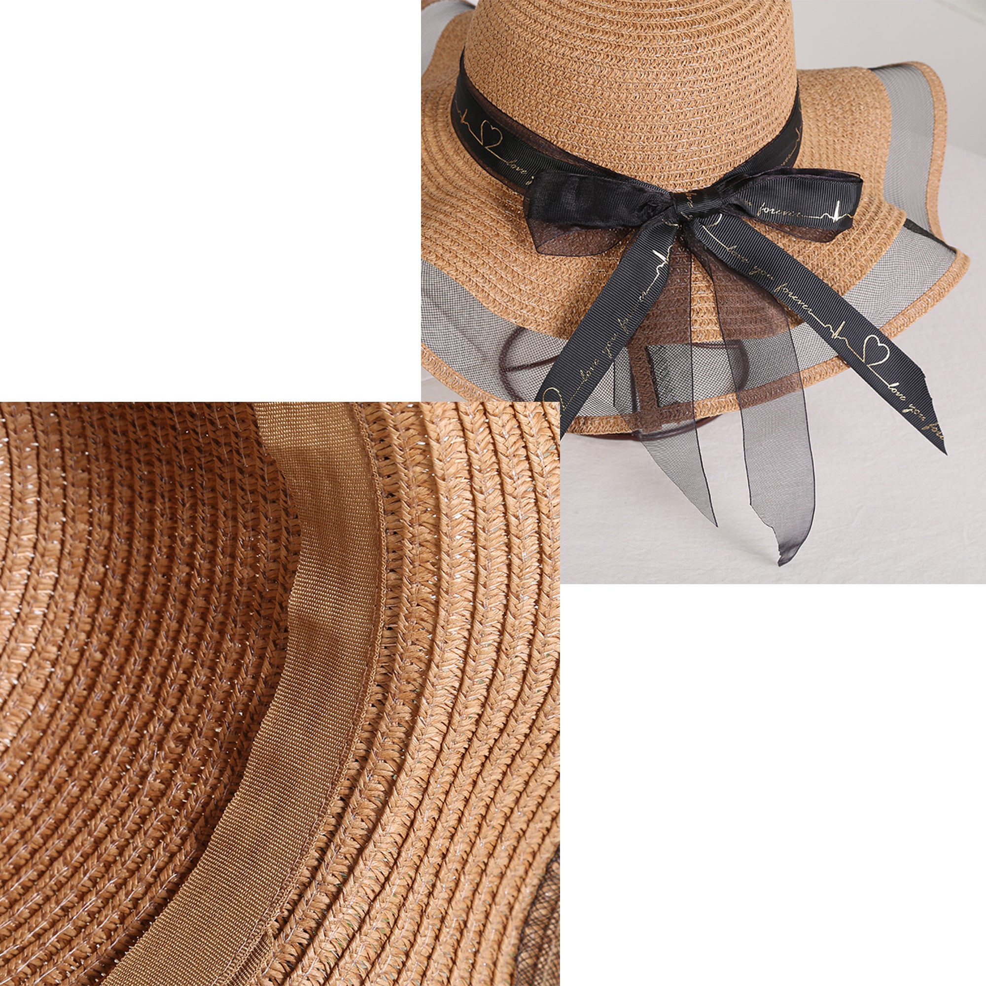 Anna-Kaci Women's Wide Brim Straw Sun Hat Sheer Mesh Trim Bow Ribbon Summer Beach Hat Elegant Style
