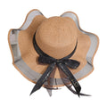 Anna-Kaci Women's Wide Brim Straw Sun Hat Sheer Mesh Trim Bow Ribbon Summer Beach Hat Elegant Style
