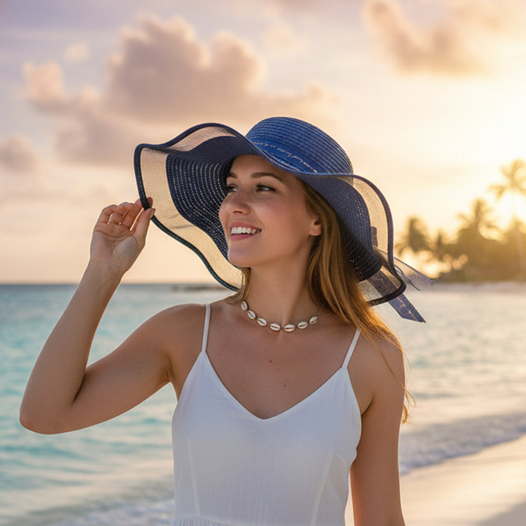 Anna-Kaci Women's Wide Brim Straw Sun Hat Sheer Mesh Trim Bow Ribbon Summer Beach Hat Elegant Style