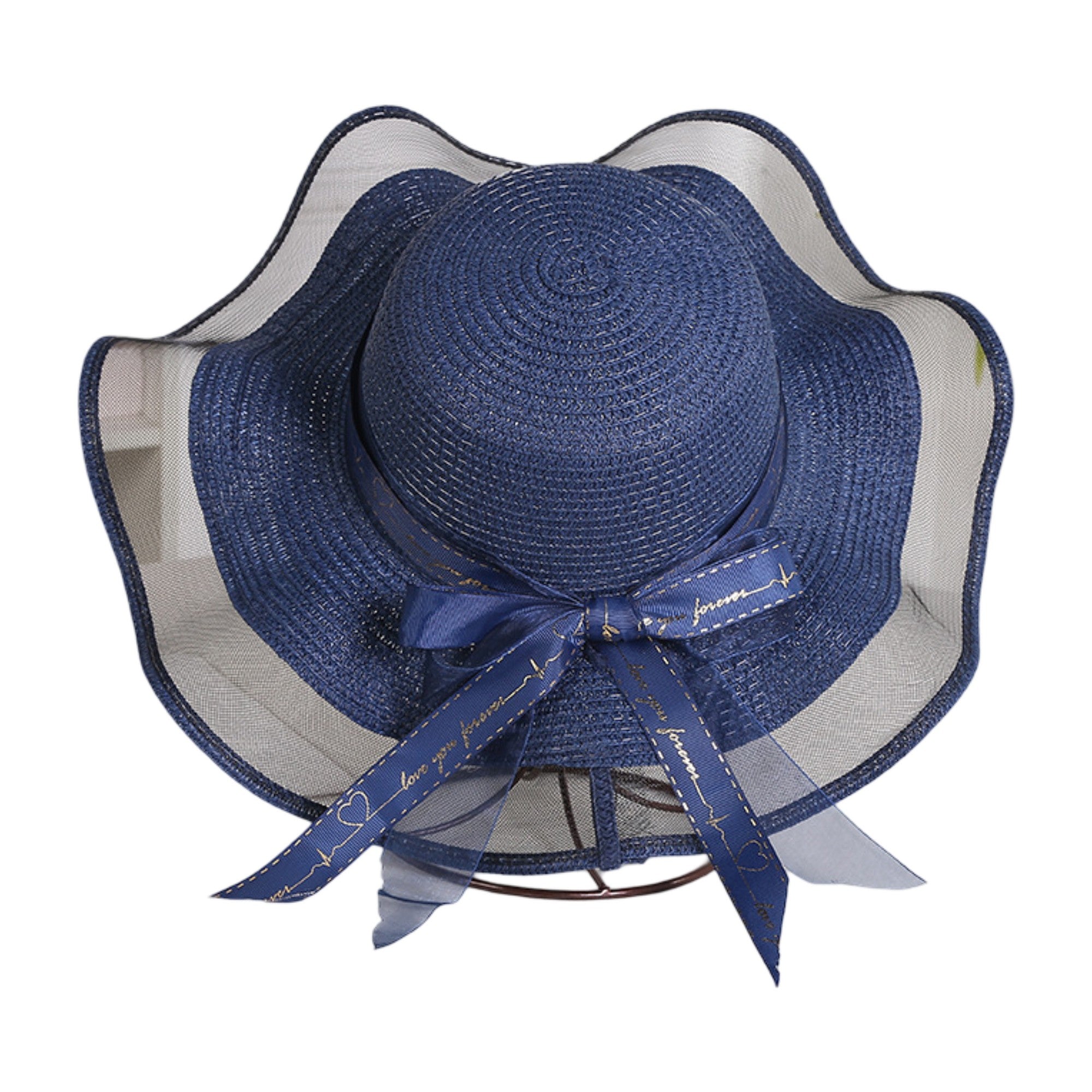 Anna-Kaci Women's Wide Brim Straw Sun Hat Sheer Mesh Trim Bow Ribbon Summer Beach Hat Elegant Style
