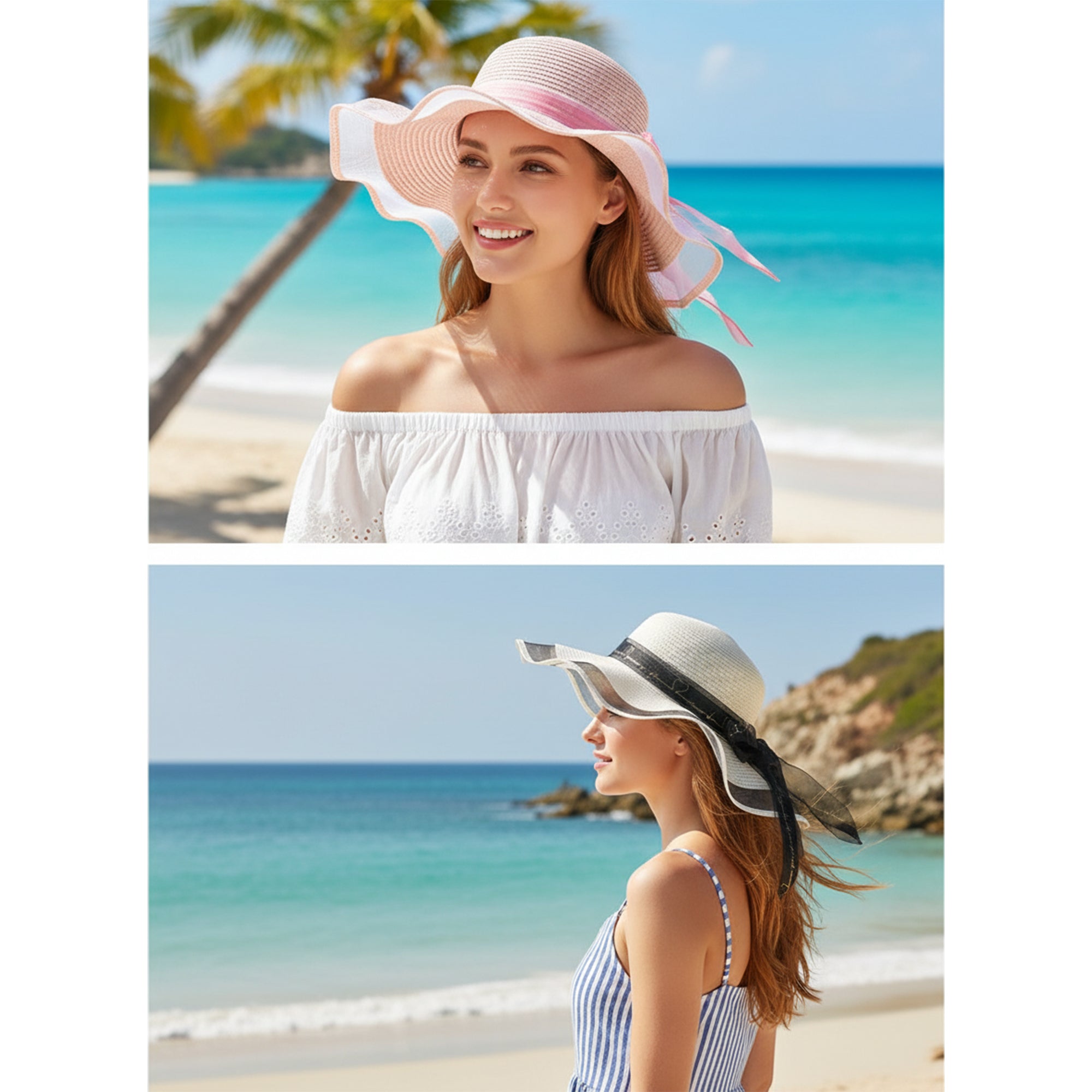 Anna-Kaci Women's Wide Brim Straw Sun Hat Sheer Mesh Trim Bow Ribbon Summer Beach Hat Elegant Style