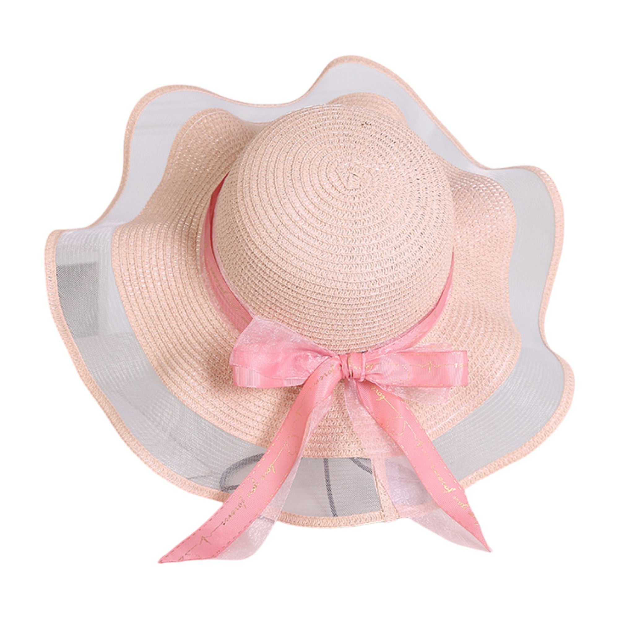Anna-Kaci Women's Wide Brim Straw Sun Hat Sheer Mesh Trim Bow Ribbon Summer Beach Hat Elegant Style