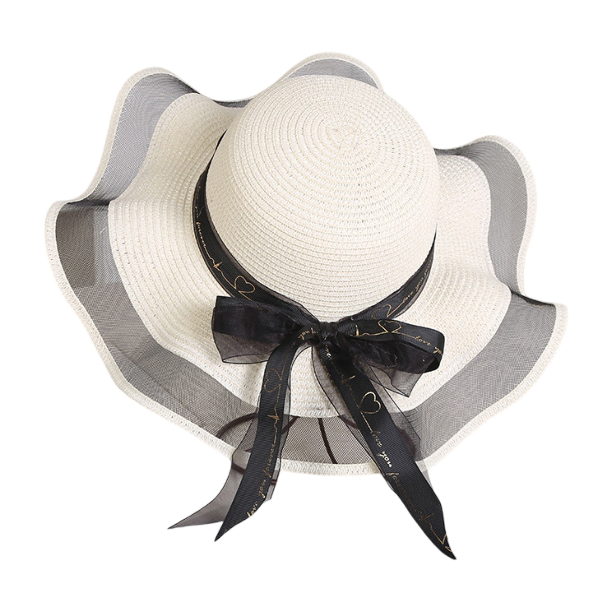 Anna-Kaci Women's Wide Brim Straw Sun Hat Sheer Mesh Trim Bow Ribbon Summer Beach Hat Elegant Style