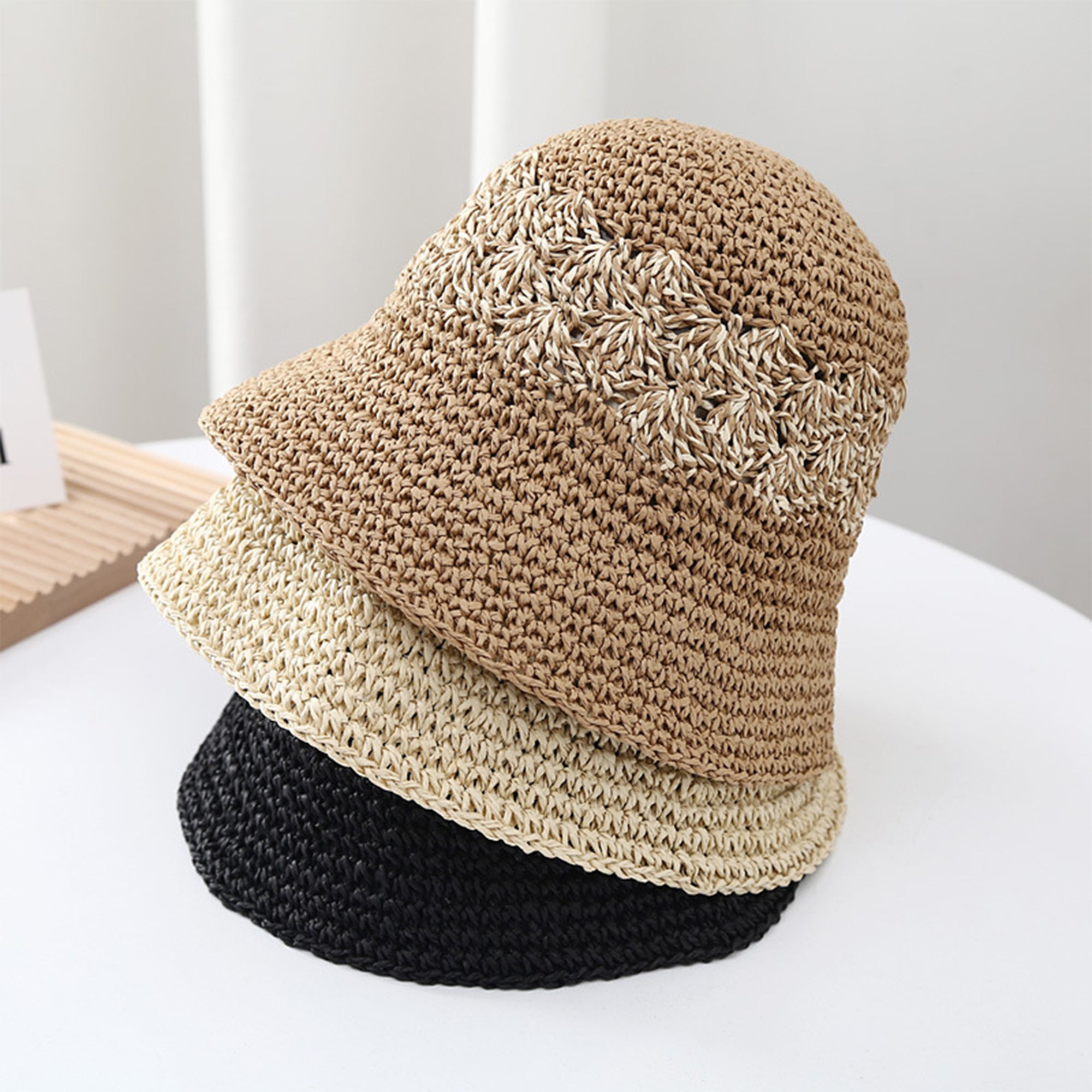 Anna-Kaci Straw Bucket Hat Woven Knit Breathable Sun Hat Adjustable Summer Hat
