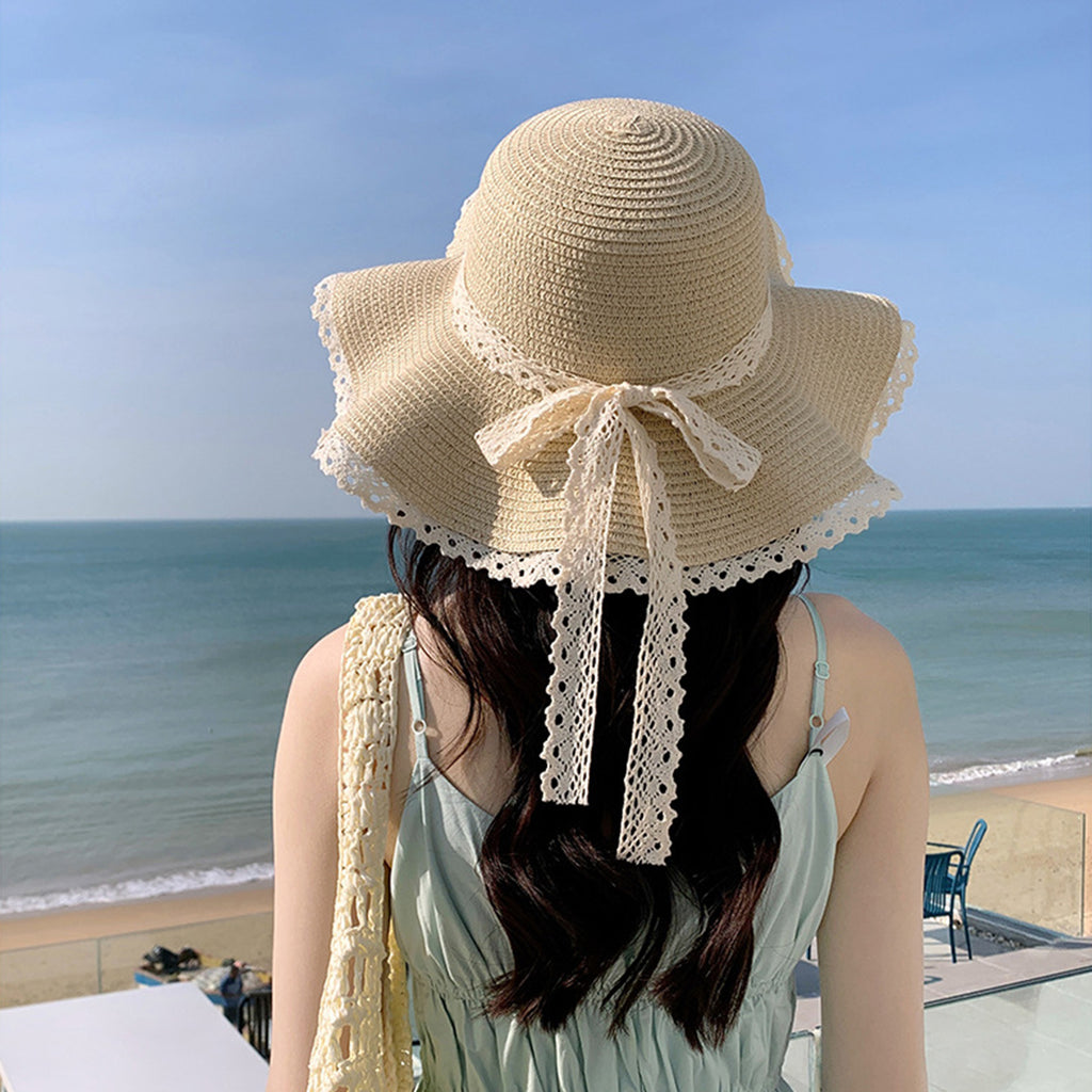 Anna-Kaci Wide Brim Straw Sun Hat Lace Trim Bow Adjustable Chin Strap Breathable Packable Summer Beach Hat