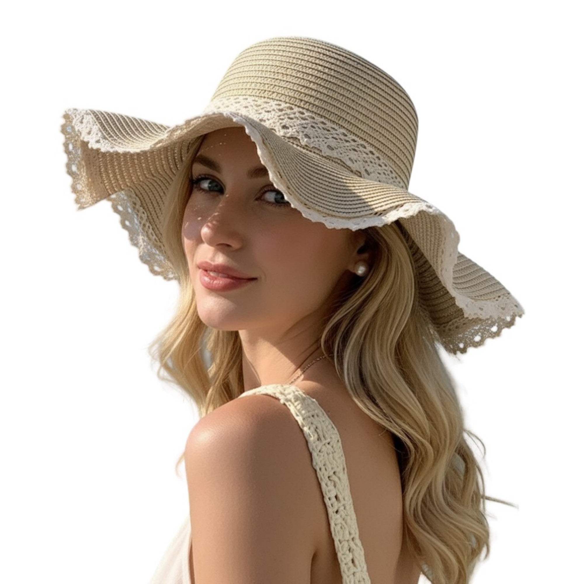 Anna-Kaci Wide Brim Straw Sun Hat Lace Trim Bow Adjustable Chin Strap Breathable Packable Summer Beach Hat