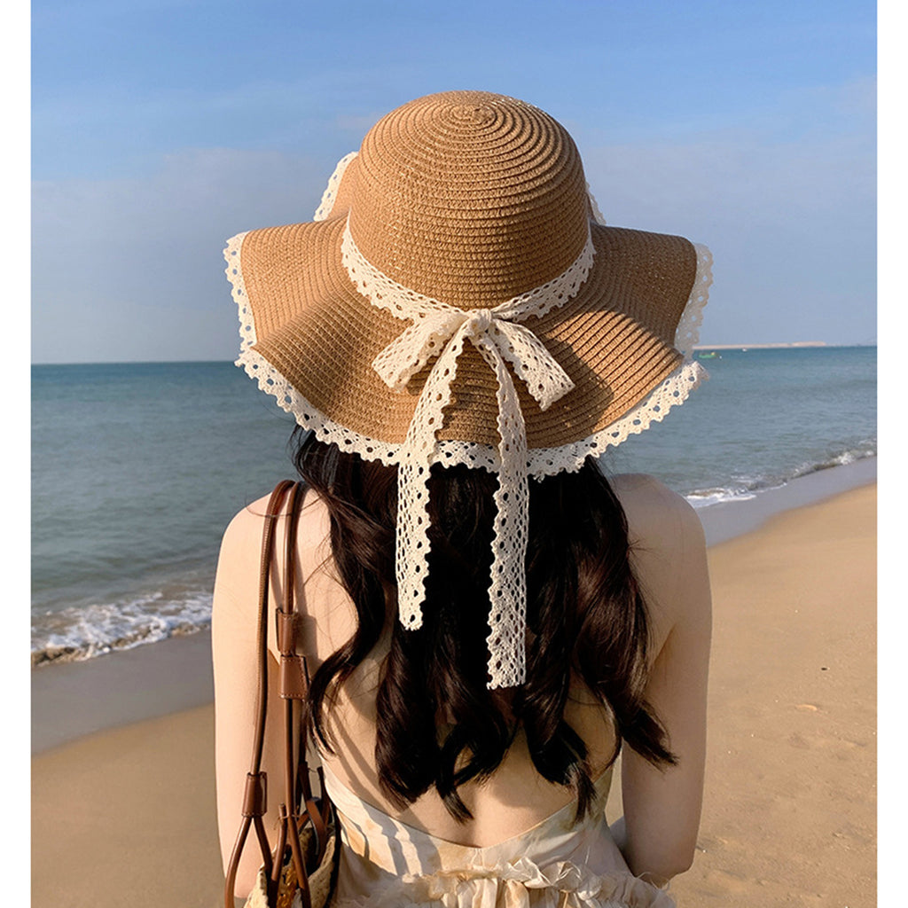 Anna-Kaci Wide Brim Straw Sun Hat Lace Trim Bow Adjustable Chin Strap Breathable Packable Summer Beach Hat