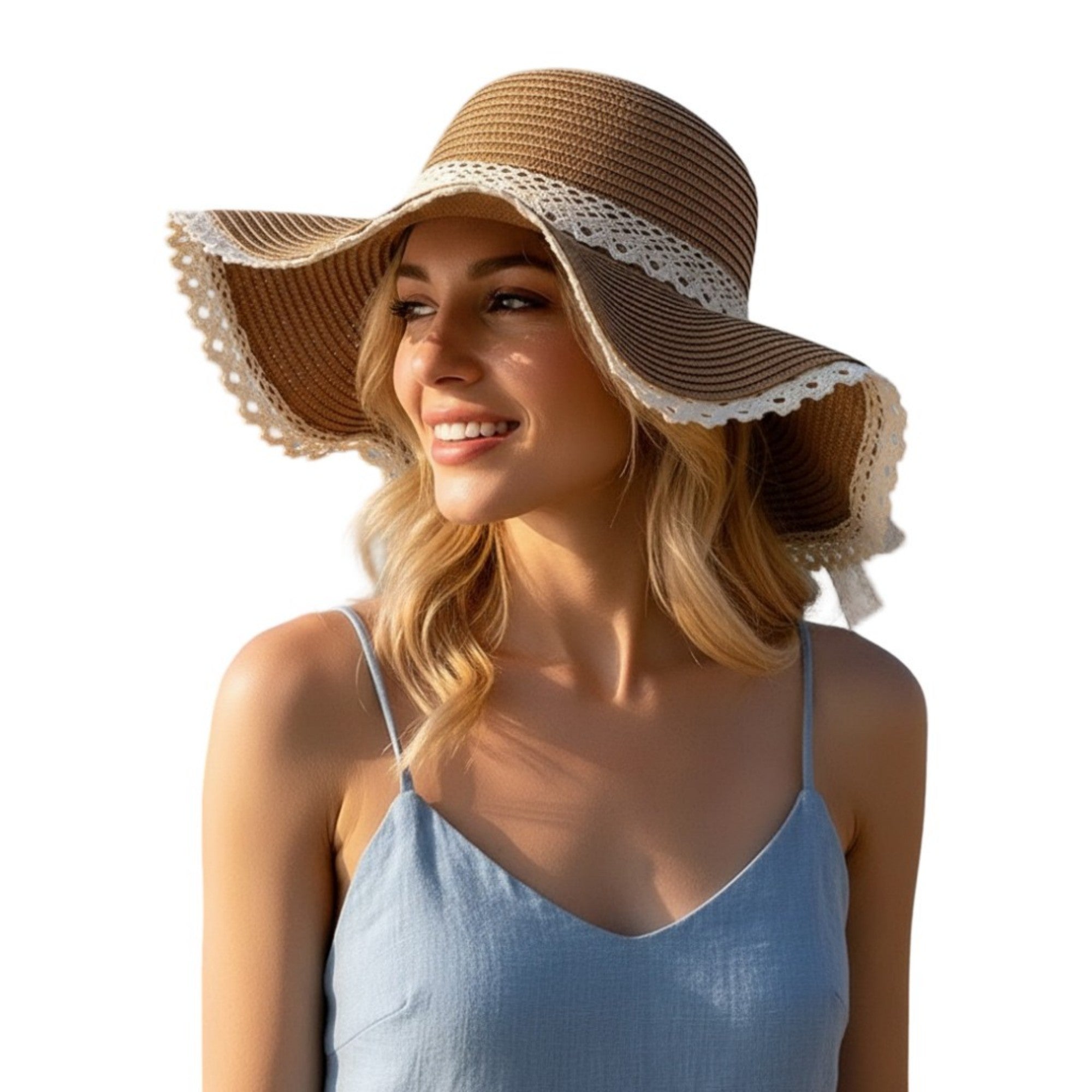 Anna-Kaci Wide Brim Straw Sun Hat Lace Trim Bow Adjustable Chin Strap Breathable Packable Summer Beach Hat