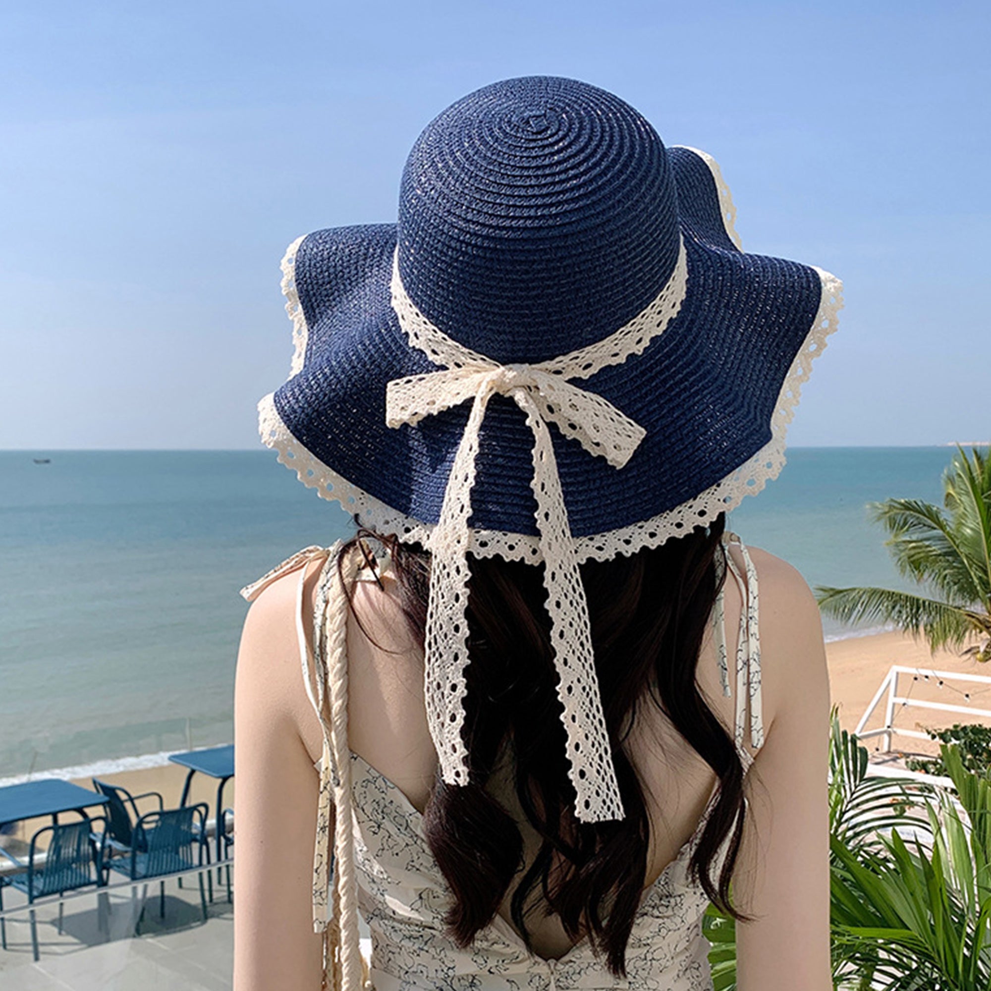 Anna-Kaci Wide Brim Straw Sun Hat Lace Trim Bow Adjustable Chin Strap Breathable Packable Summer Beach Hat