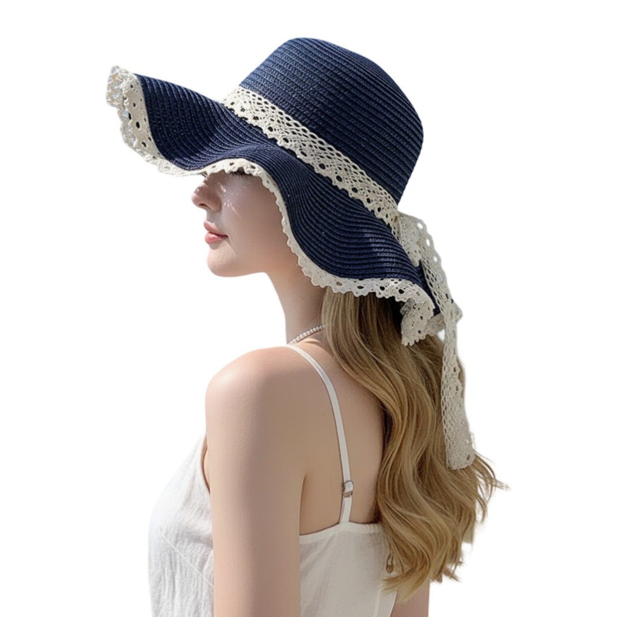 Anna-Kaci Wide Brim Straw Sun Hat Lace Trim Bow Adjustable Chin Strap Breathable Packable Summer Beach Hat