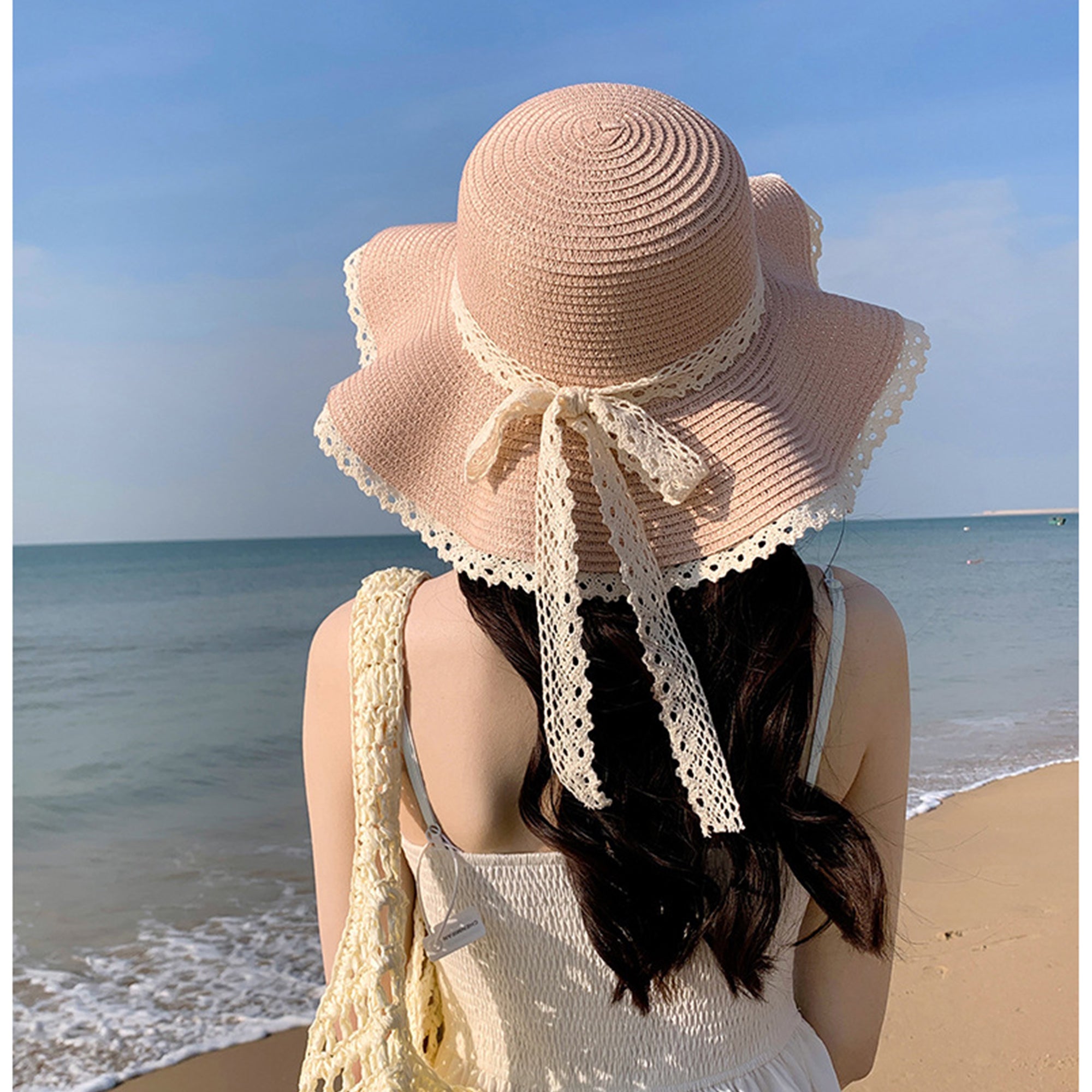 Anna-Kaci Wide Brim Straw Sun Hat Lace Trim Bow Adjustable Chin Strap Breathable Packable Summer Beach Hat