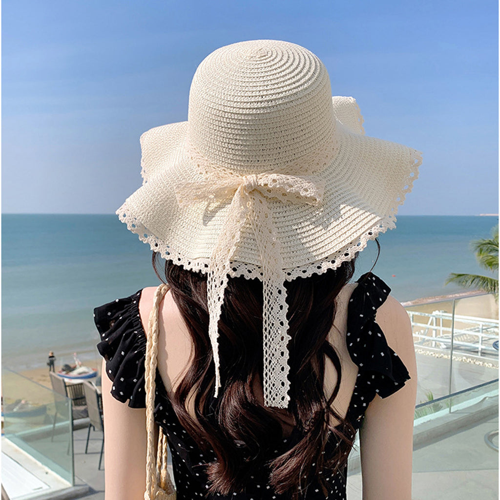 Anna-Kaci Wide Brim Straw Sun Hat Lace Trim Bow Adjustable Chin Strap Breathable Packable Summer Beach Hat