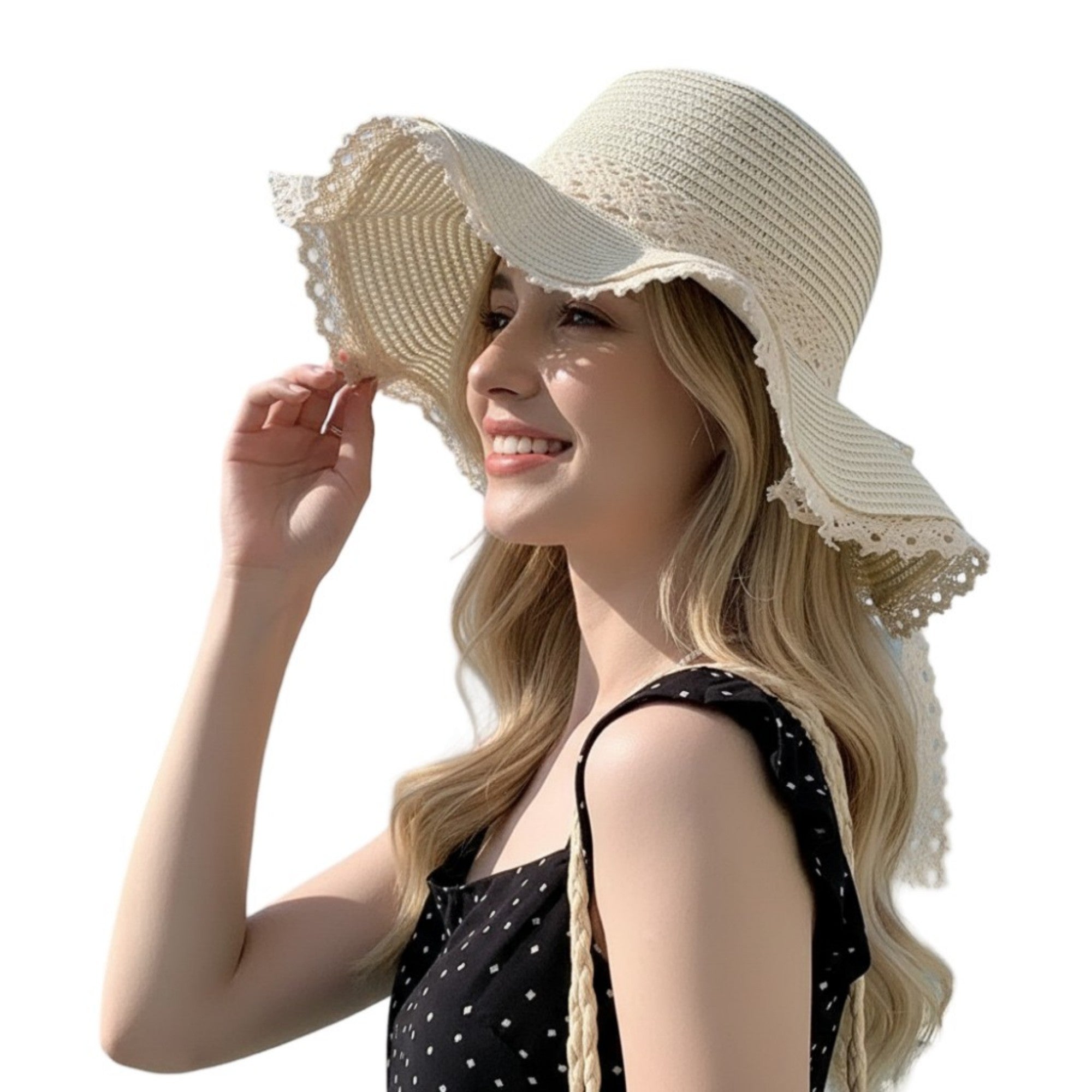 Anna-Kaci Wide Brim Straw Sun Hat Lace Trim Bow Adjustable Chin Strap Breathable Packable Summer Beach Hat