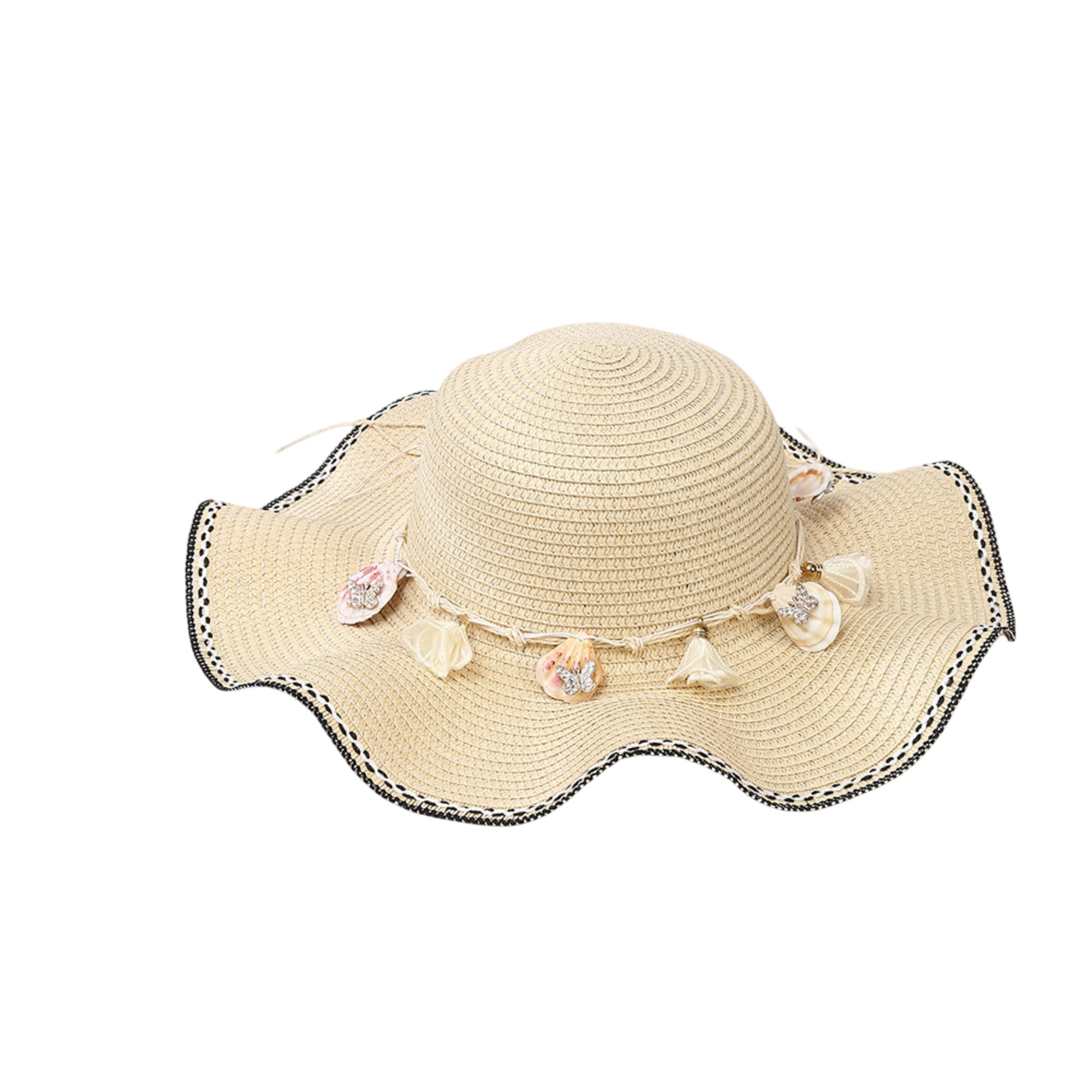 Anna-Kaci Wide Brim Straw Sun Hat Wavy Edge Shell Trim Beach Hat Adjustable Inner Band Packable Hat