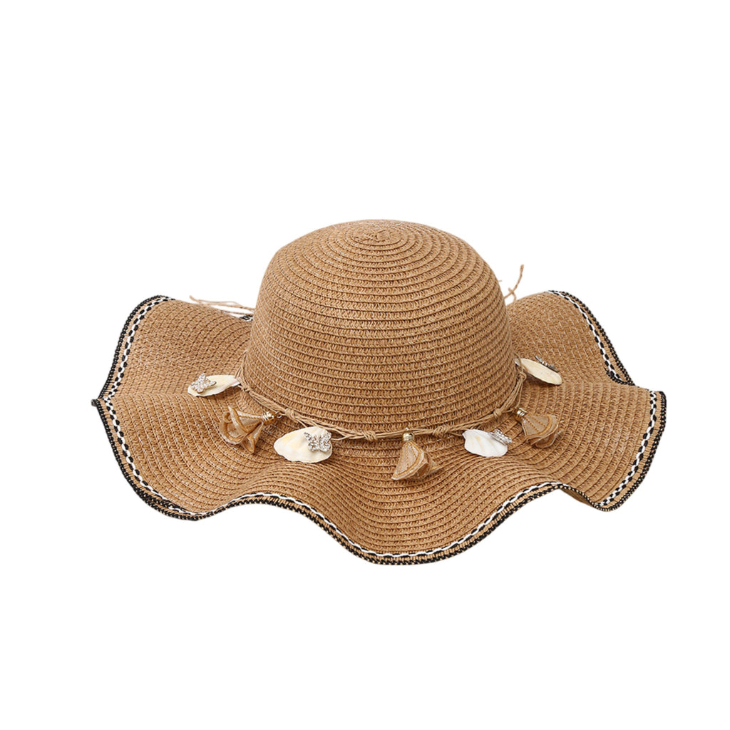 Anna-Kaci Wide Brim Straw Sun Hat Wavy Edge Shell Trim Beach Hat Adjustable Inner Band Packable Hat