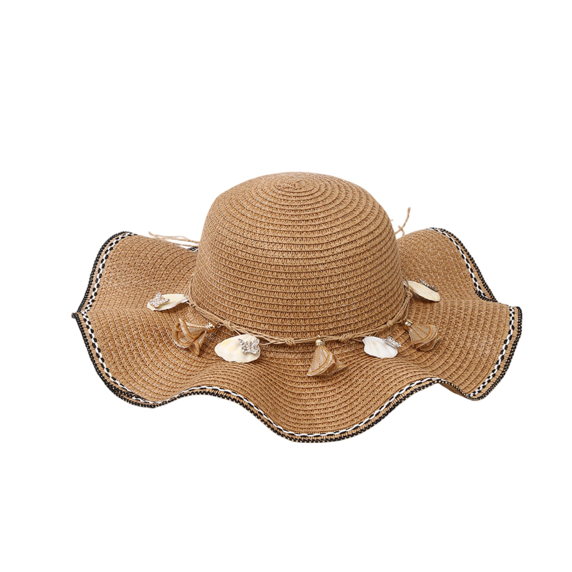 Anna-Kaci Wide Brim Straw Sun Hat Wavy Edge Shell Trim Beach Hat Adjustable Inner Band Packable Hat