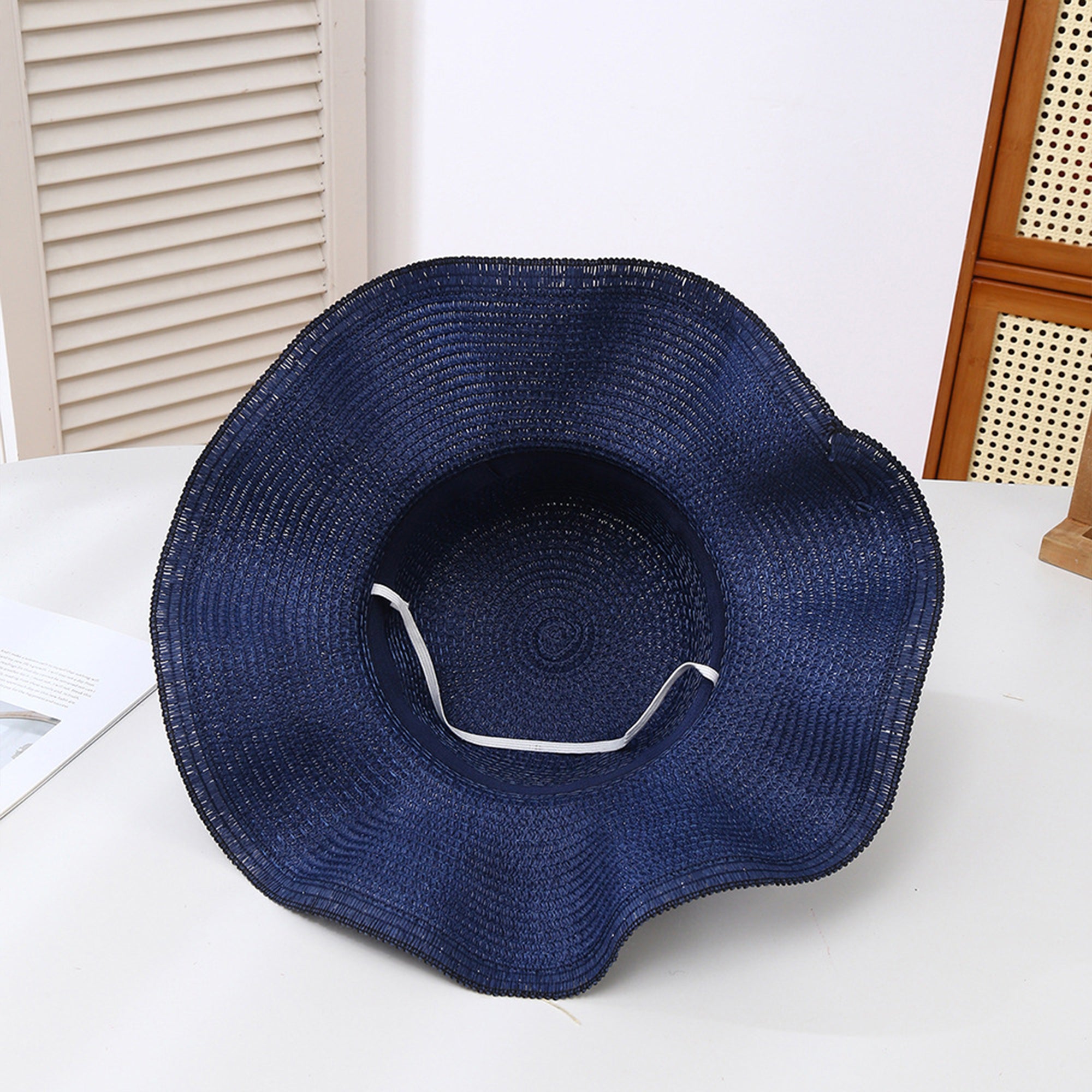 Anna-Kaci Wide Brim Straw Sun Hat Wavy Edge Shell Trim Beach Hat Adjustable Inner Band Packable Hat